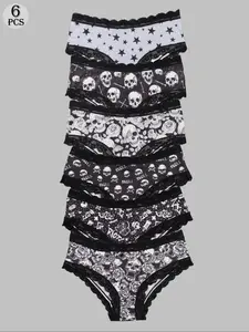 Morvia Sexy Cute Gothic Halloween Contrast Lace Hipster Panties, Allover Print Comfy Intimates Briefs Panties, Women's Underwear & Lingerie