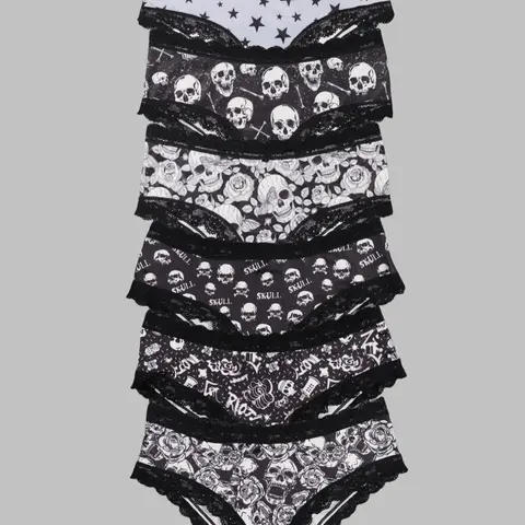 Morvia Sexy Cute Gothic Halloween Contrast Lace Hipster Panties, Allover Print Comfy Intimates Briefs Panties, Women's Underwear & Lingerie