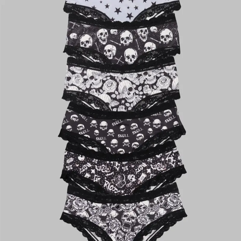Morvia Sexy Cute Gothic Halloween Contrast Lace Hipster Panties, Allover Print Comfy Intimates Briefs Panties, Women's Underwear & Lingerie