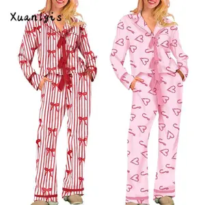 WomenPajamasBow/HeartPrintTieFrontLongSleeveTopsandLongPantsSetFamilyMatchingSleepwear??gift? ?