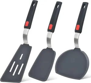 Silicone Spatula Turner Set of 3, 600°F Heat Resistant Cooking Spatulas for Nonstick Cookware, Large Flexible Kitchen Utensils BPA Free Rubber Spatula Set for Egg, Pancake, Fish, Burger Stainless Steel