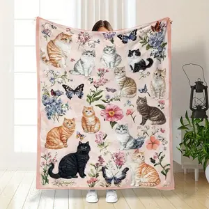 Watercolor Floral Cat Butterfly Print Cat Lover Gift Soft Cozy Flannel Blanket - Warm Fuzzy Plush Throw for Bedroom Sofa Couch, Perfect Birthday Christmas Mother's Day Gift for Cat Mom Women Girls Cat Owners Home Decor
