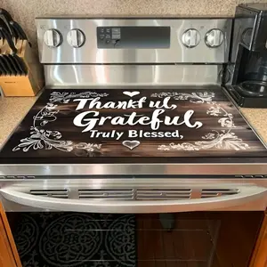 1pc Electric Stove Top Cover Protector with Elegant & Damask Pattern & "Thankful Grateful Blessed" Text - Heat-Resistant Stove Mat, Scratch-Resistant Surface Protector, Fits Stoves, Modern Kitchen Decor in, Brown, - Easy-Clean Fabric for -like Stove