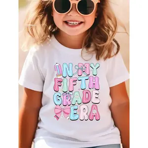 SHOWTLY Brand, T-Shirt, Fifth Grade Era, Letter Print, Bows, Flowers, Stars, Pencil Motif, Comfortable And Soft, Round Neck, Casual And Fashionable, Suitable for Daily Activities/Kids Clothes Girls (3-13Y)