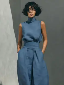 Women Linen Sleeveless High Neck Suit, Solid Color Wide Leg Pants Two-Piece, Elegant Old Money Outfit
