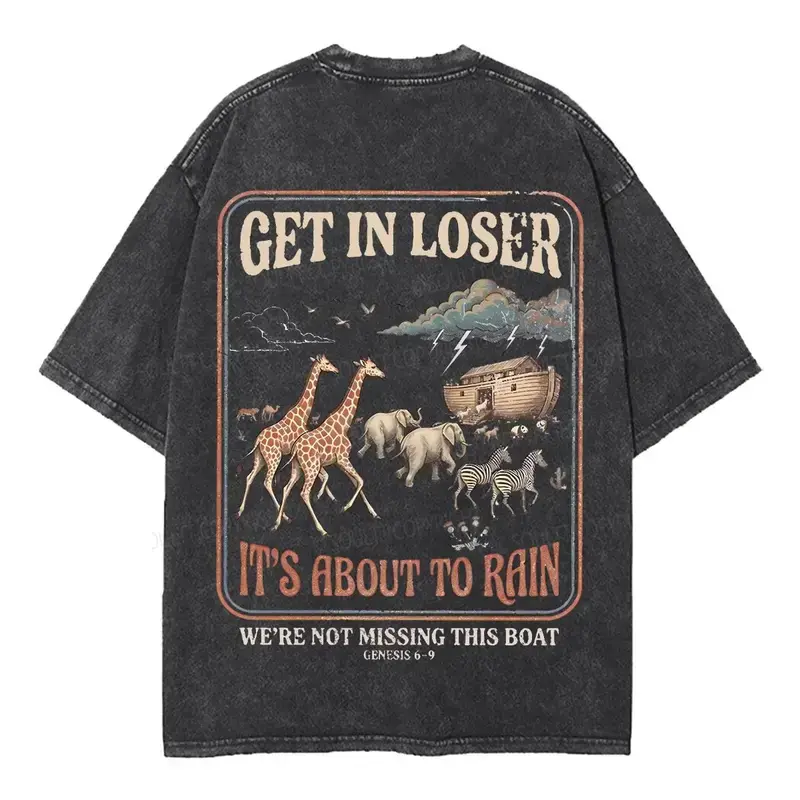 It's About To Rain We're Not Missing This Boat Double Sided Unisex Washed Christian T-shirt Men's Vintage Wash Graphic Tee, Oversized Heavyweight Cotton, Retro Streetwear, Drop Shoulder.