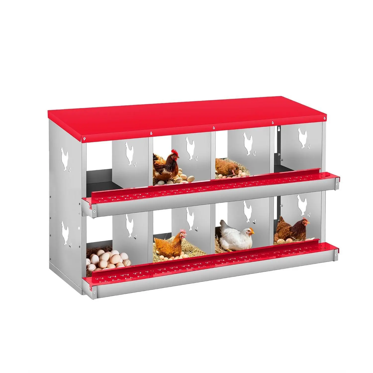Garvee Durable Metal Chicken Nesting Box with 8 Compartments, Wall Mountable, Roll Away Design for Easy Egg Collection, Vibrant Orange Red, No Legs Included