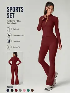 Women's 2 Piece Set Long Sleeve Jacket Flare Pants Solid Color Sports Set Thumb Holes Design Comfortable Breathable Stretchy High Waist Butt Lifting Shaping Yoga Outfit Gym Training Outdoor Running Cycling Daily Outing Casual Versatile Activewear Set