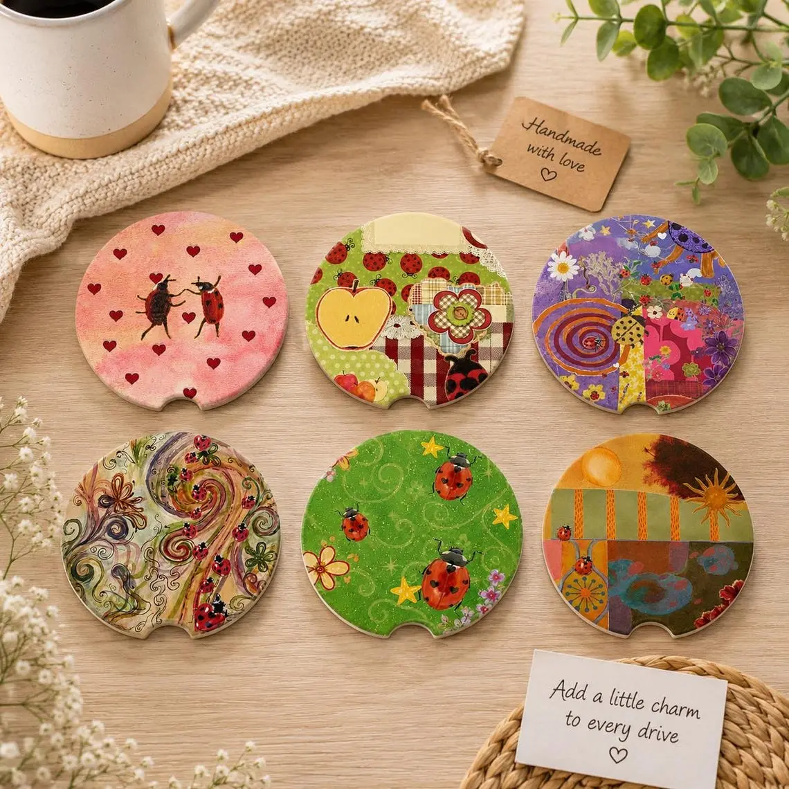 Ladybug Car Coaster Set, Cute Ladybug Soapstone Car Coasters, Cottagecore Car Cup Holder Coaster, Floral Car Accessories, Nature Lover Gift