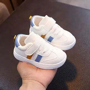 Toddler Boys & Girls First Walkers Sneakers - Soft-Soled Breathable Casual Shoes with Closure, White & Blue Stripes, PU Upper & Rubber Sole/Fall (1-2.5 Years), Kid Shoes