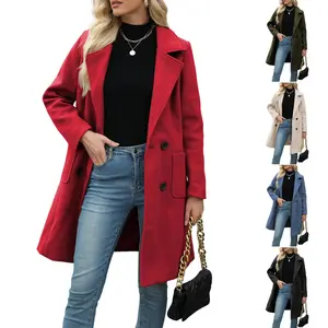 Tanming Women Winter Wool Blend Camel Mid-Long Coat Notch Double-Breasted Lapel Jacket Outwear Womenswear Fitted