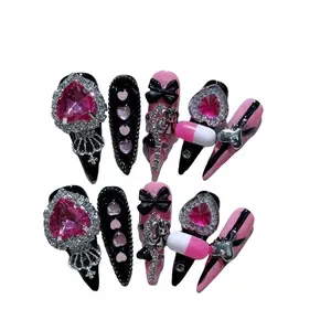 W51 Hand wear a dark silver metal punk spice European and American wear a nail art Handmade Press On nail Rhinestones