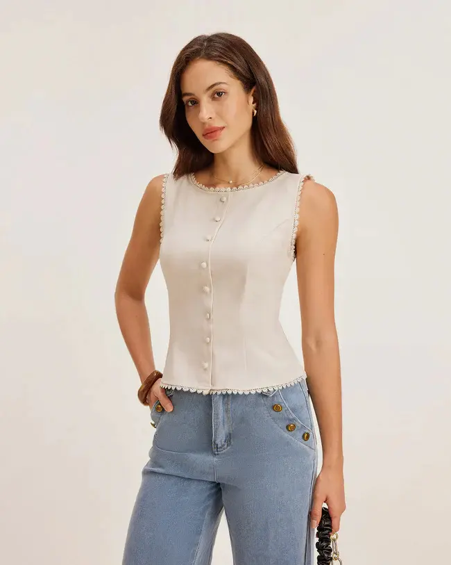 Rihoas Women's Sleeveless Lace Polyester Spandex Minimalist Apricot Boat Neck Button Vest Basic Clothes with Hip Design, Suitable for Office Wear,summerwins,back to school,back to school shopping
