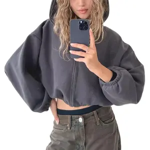 BIGWIG Cropped Zip Up Hoodies for Women Oversized Long Sleeve Casual Loose Short Sweatshirt 90s Hooded Crop Jacket Top