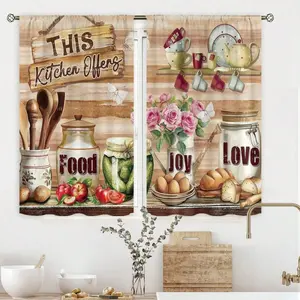 2 Panel 28"X40" Farmhouse Kitchen Curtains Rod Pocket Rustic Retro Wooden Plank Fruit Vegetables Food Utensils Art Printed Country Living Room Bedroom Window, Perfect Gift For Autumn/Winter/Thanksgiving/Christmas/New Year/House Warming  Home Decor