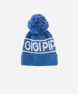 Jane Retro Pom Beanie - Blue Pom Pom Beanie with "GIGPIF" Text, Knit Design, Classic Style for Winter Wear