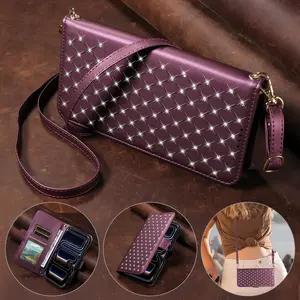 Diamond studded sparkling diamond grid pattern crossbody small fragrance style+wrist strap+long shoulder strap PU leather iPhone 17 Pro Max 17 Air 16 Pro Max 15 Plus 14 Plus 13 12 11 Pro Max wallet protective cover, adjustable crossbody bag card cover, de