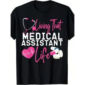 [100% Cotton] 100% Cotton Certified Medical Assistant (CMA) Life Graphic T-Shirt - Medical-Themed Design with Stethoscope & Heart Monitor Print, with Pink Lettering, Comfortable Round Neck Casual Workwear for Healthcare Professionals, Ideal Gift for CMA A