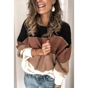 Women's Long Sleeve Crewneck Color Block Patchwork Sweaters Casual Stripes Autumn Winter New Pullover Knit Sweater Tops Soft Knitted Material Breathable Cozy(Raincoats)
