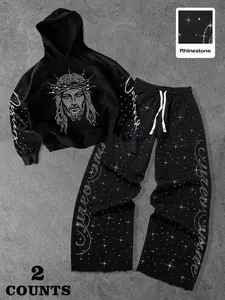 Men's Fall Winter Trendy Fitted Long Pants & Sweatshirt Set, Starry Diamond Design, Casual Daily Wear, Party