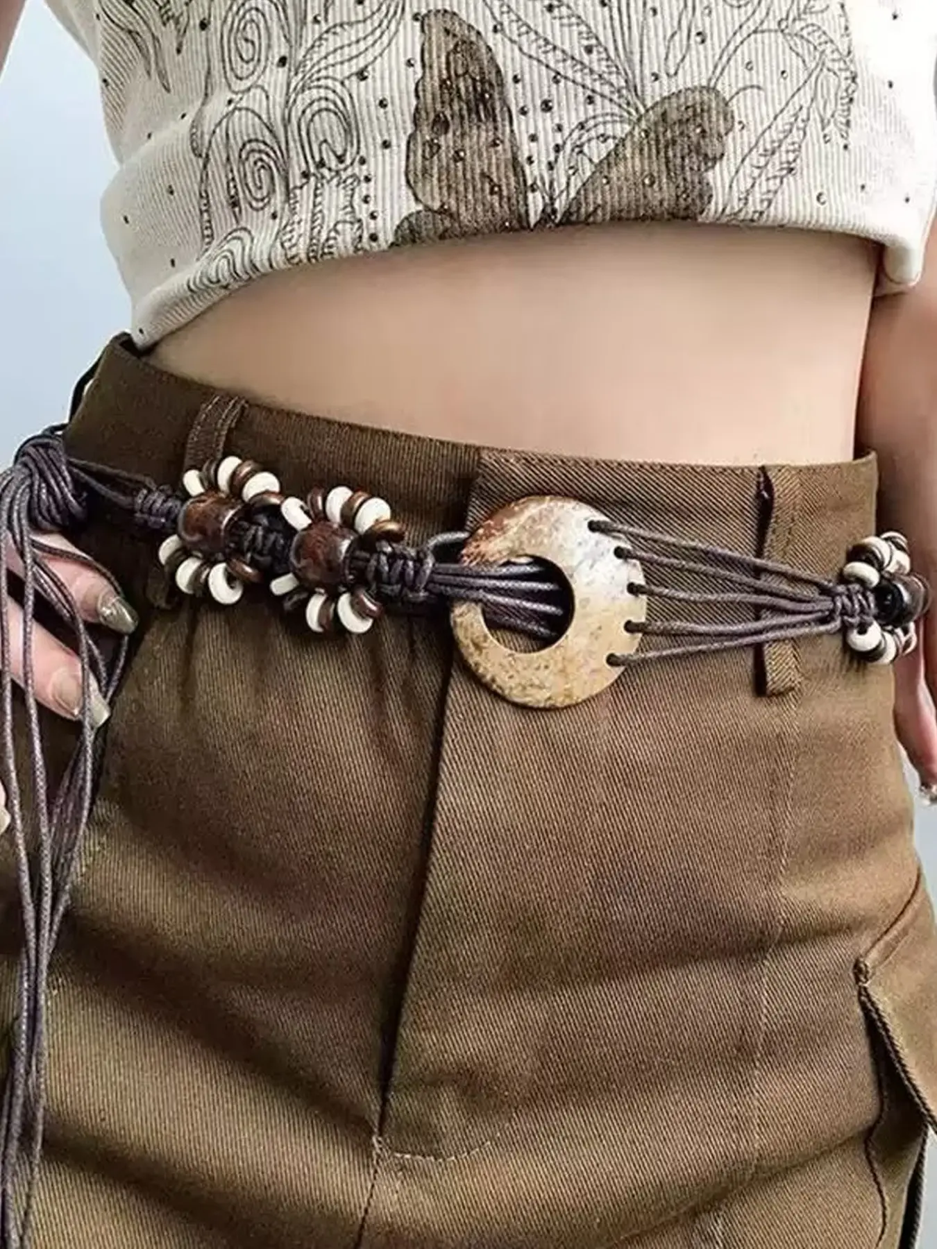 Vintage Boho Beaded Fringe Waist Belt, Exquisite Beaded Belt, Boho Style Buckle, Adjustable Multi-Layer Fashion Ethnic Style, Suitable for Dresses Skirts Pants, All Seasons