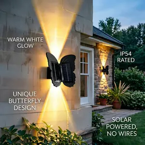 Solar-powered butterfly decorative light, IP65 waterproof and dustproof, suitable for outdoor use.  It automatically turns on at dusk and turns off at dawn.  This energy-saving and environmentally friendly wall light is perfect for gardens, patios, doorwa