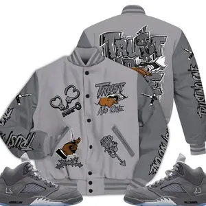 5 Wolf Grey Varsity Jacket, Retro Wolf Grey 5s Outfits, Trust No One AIR Unisex T-Shirts To Match Sneakers, Streetwear Style Urban