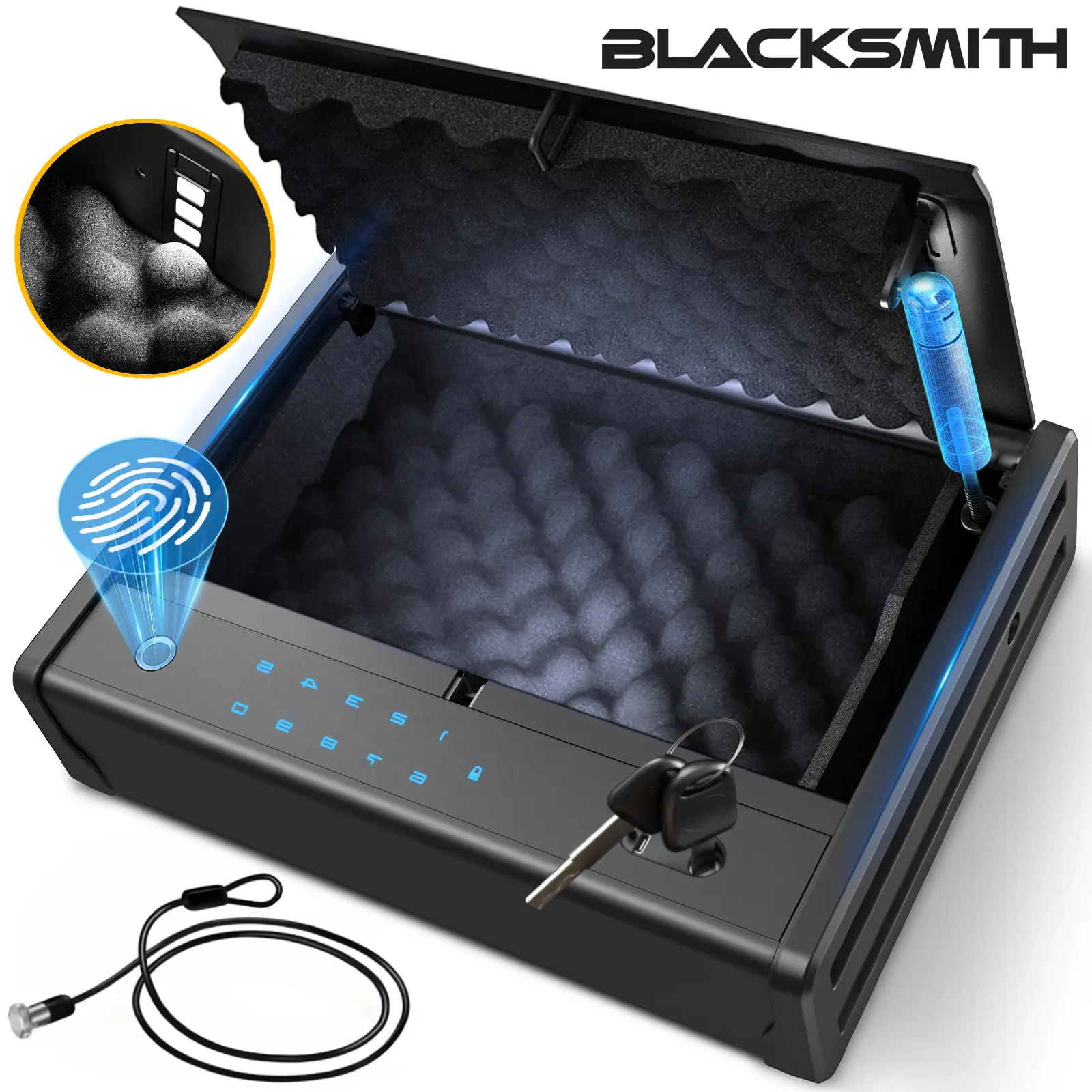 Blacksmith Biometric Pistol Safe Box with Fingerprint Hidden Digital Keypad Key USB Emergency Unlock Steel Construction for Home Car Nightstand