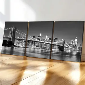 3-Pack Wood Frame Canvas Posters, Modern City Night Scene Art, Waterproof Wall Decor for Living Room, Bedroom, Office, Hallway