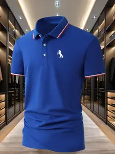 Men's Large Size Business Polo Shirt, Loose Comfortable Breathable Fabric, Colorblock Collar Short Sleeve, Classic Simple Horse Print, Casual Polo Shirt