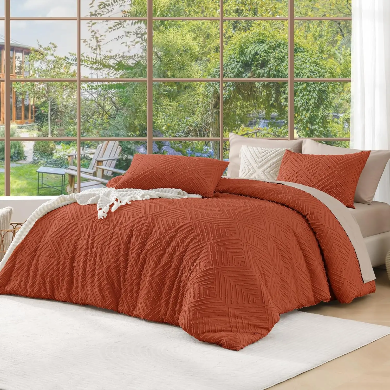 Burnt Orange Full Size Microfiber Decorative Bedding Set - Boho Geometric Synthetic All-Seasons Tufted Soft Lightweight Bedding (79x90in, 1 Comforter + 2 Pillow Shams, Terracotta Rust Accents)