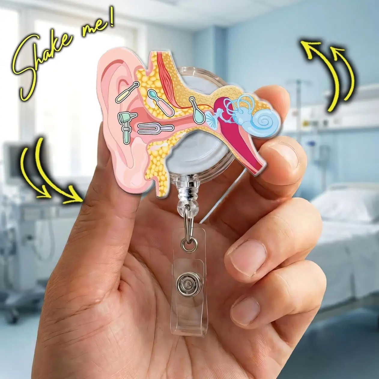Anatomical Ear Shaker Badge Reel, Audiology ENT Retractable Medical ID Holder Badge Gift KMU