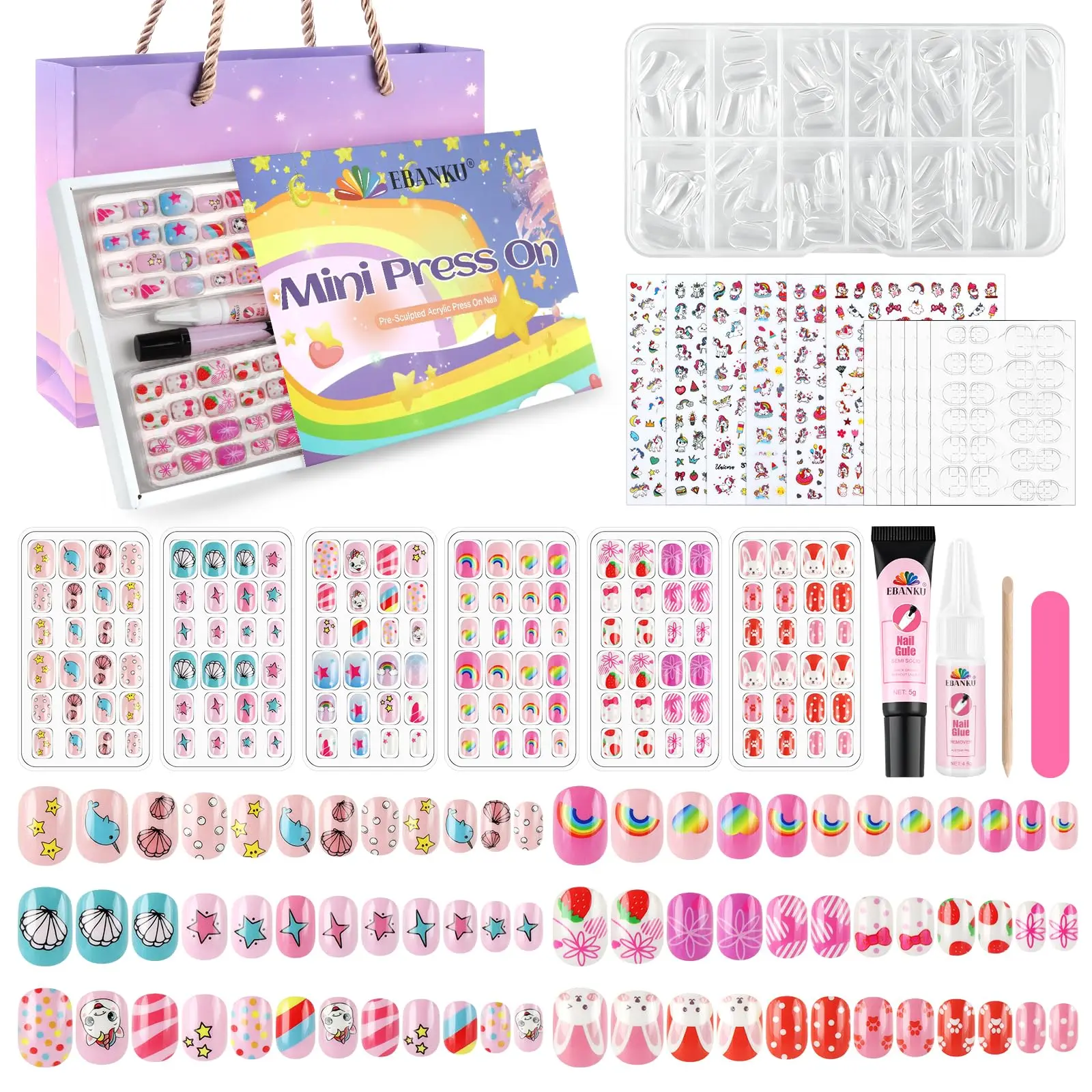 144 Pieces Press on Nails for Kids, EBANKU Girls Fake Nail Kit with Cute Nail Sticker Clear Nail Tip, Nail Glue & Glue Removal & Sticky Tabs & Other Manicure Tools