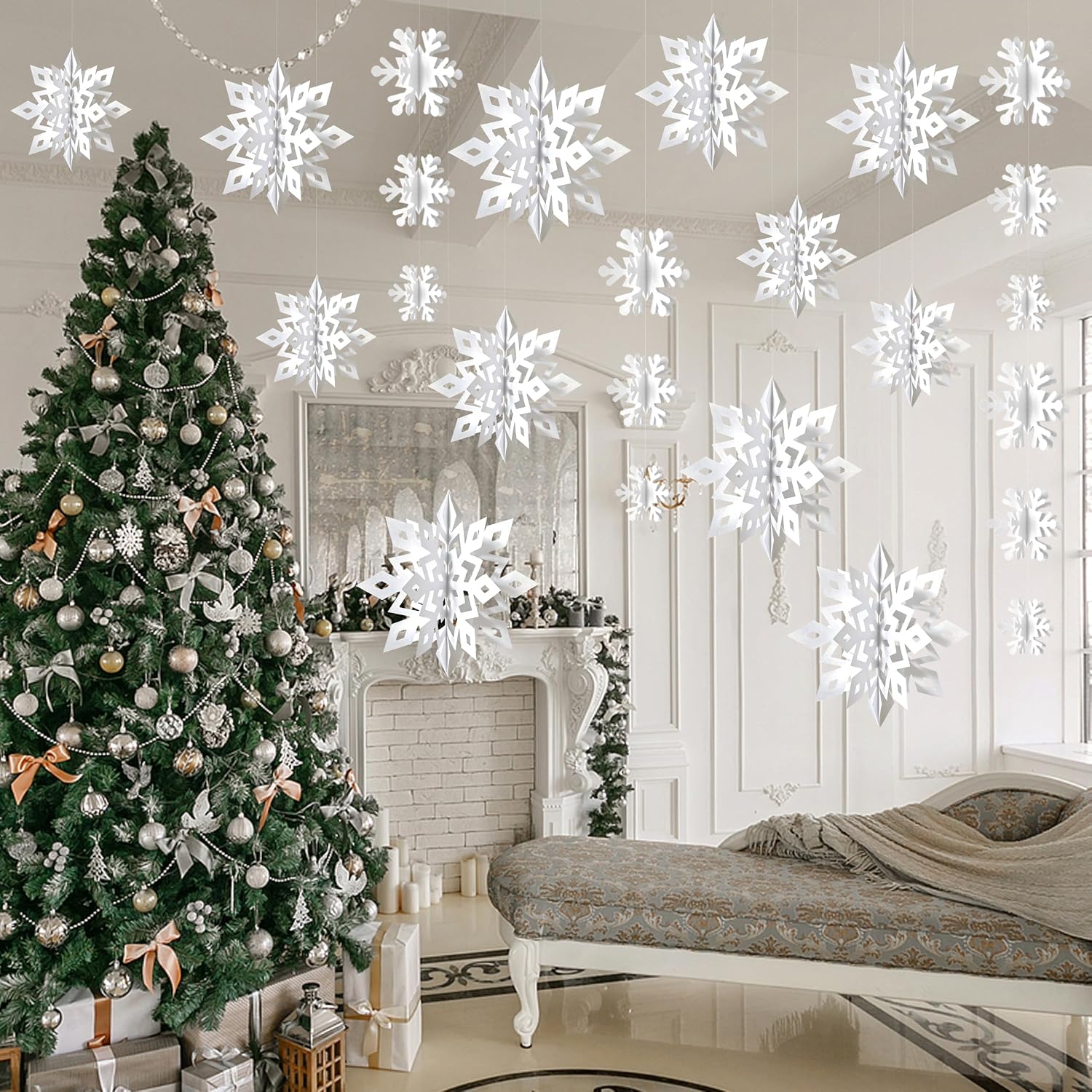 Snowflake Decorations, Paper Christmas Hanging Decor Indoor, White, 14-Pc | Reusable Large 3D Pearl-Finish Snowflakes with Garlands, Hanging Winter Wonderland Christmas Party Decor for Ceiling & Window Snowflake Decorations, Paper Christmas Hanging Decor Indoor, White, 14-Pc | Reusable Large 3D Pearl-Finish Snowflakes with Garlands, Hanging Winter Wonderland Christmas Party Decor for Ceiling & Window