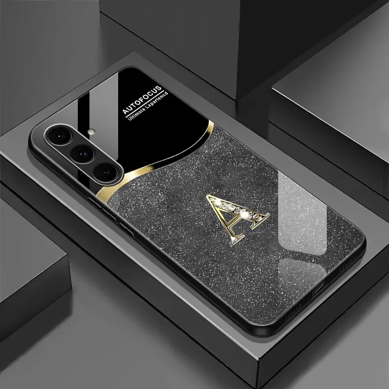 Galaxy S24 FE Smartphone Case, High-End Flashing Letter Glass Cover with Metal Paint Electroplating, Business-Simple Design, Affordable Handheld Cellphone Protection for Anti-Fall, Anti-Fingerprint Devices 995, Casing