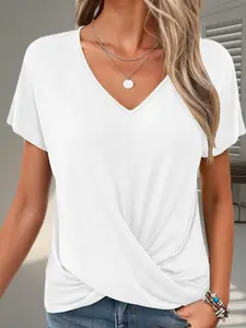 1 Count Women's V Neck Short Sleeve Twist Front Basic Casual Top, Soft Breathable Loungewear Tee, Lightweight Comfy Blouse, Relaxed Fit Loose Pullover, Suitable For Sleep, Lounge, Daily Wear, Yoga, Casual Outings, Casual Chic Style, Womenswear, Minimalist