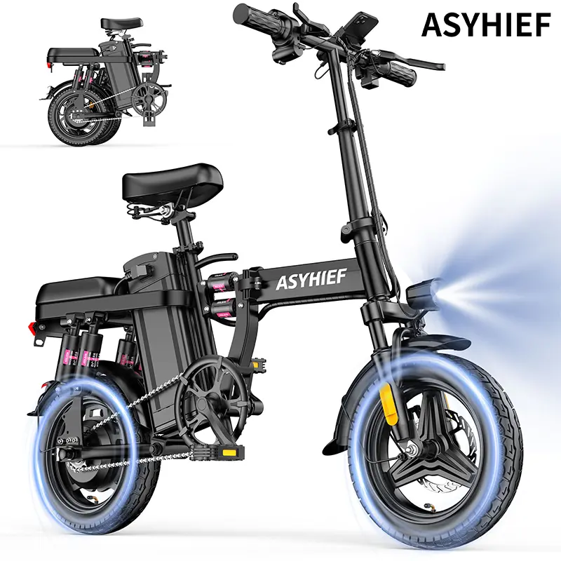 ASYHIEF A10 14 Inch Foldable Portable Adult Electric Bike,1500W Peak Hub Motor,25MPH Max Speed,48V 10AH Detachable Battery,IPX65 Waterproof,8s Quick Fold,11-Level Suspension,Dual Hydraulic Disc Brake,20° Climb Slope,20-35 Miles City Commuter Mini E-Bike