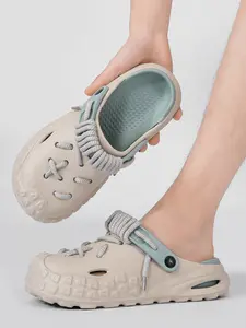Unisex Cream Mecha Clogs: Thick Rope Laces Design, Casual Clogs For Street Style & Commute