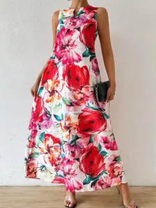A sleeveless long loose dress for women with a small V-neck, featuring large red and pink floral prints on a white background, perfect for summer garden tea or city rooftop dates, Casual Boho Elegant