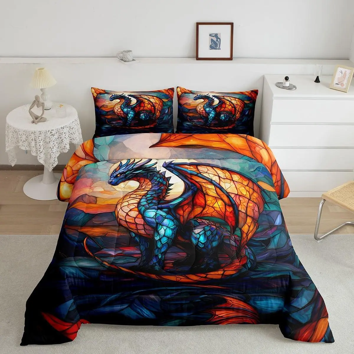 Dragon Comforter Set Dragon Stuff Comforter Wild Life Bedding Set Dragon Decor Duvet Set Room Decor Orange Blue Quilt Set