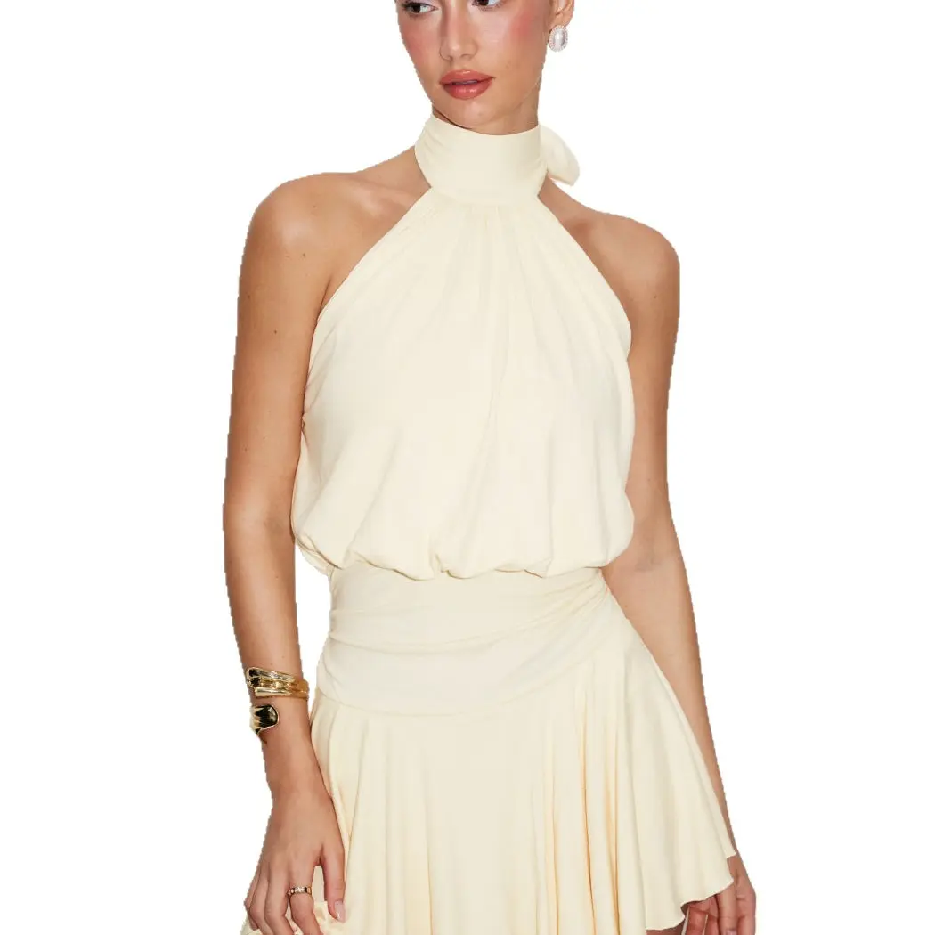 Stand Collar Sleeveless A-Line Built-in Shorts Mini Dress with Scarf