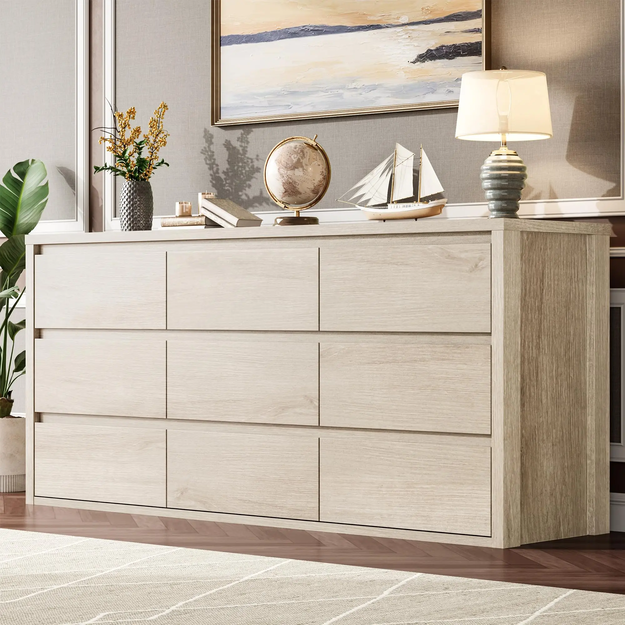 9 Drawer Dresser Cabinet, Wide Modern Chest of Drawers, Large Wood Dresser Wooden Storage Organizer for Bedroom, Living Room, Hallway Entryway,Brown/Grey/White/Black(2 packages)