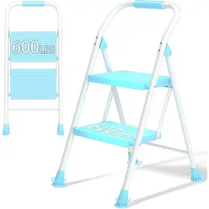 Step Ladder Foldable Folding Stool - for Home Adults Kitchen 2 Stepping Extension Tall Heavy Duty with Handrails - Closet Stepstool Stair Ladders Extendable Stepladder for Indoor House 600Lbs