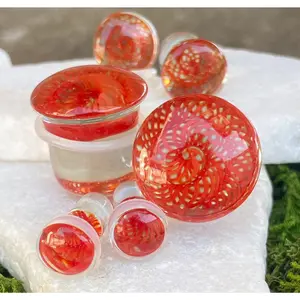 PAIR of Stunning Red Spiral Weave Design Pyrex Glass Single Flare Plugs with O-Rings - Gauges 2g (6mm) through 5/8" (16mm)