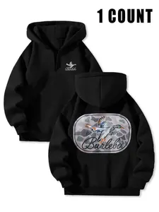Burlebo Duck Camouflage Print Half-Zip Hoodie - Outdoor-Style Casual Sweatshirt (Khaki/Black)