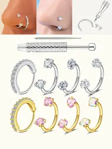Horseshoe Nose Rings For Women,Horseshoe Piercing Jewelry Set,   20G/18G Double Zircon Horse Shoe Nose Rings Hoops Surgical Steel Cartilage Helix Tragus Earring Labret Lip With Tool For Valentine's Day Gift New Year Gift