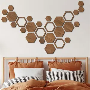 Wooden Honeycomb Shaped Wall Decor, Removable Hexagonal Wall Decor, DIY Wall Art for Home Living Room Bedroom Office Dining Room Decor, Stickers