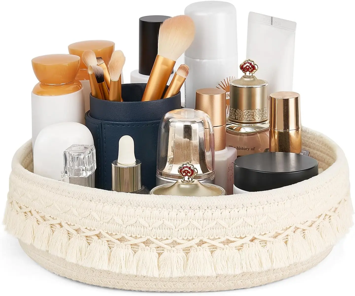 Makeup Perfume Organizer, Boho Decor Macrame Storage Basket, Ivory | Dorm Bedroom Decor, Hand-Woven Small Basket, Decorative Skincare Cosmetics Holder, Vanity Dresser Bathroom Office