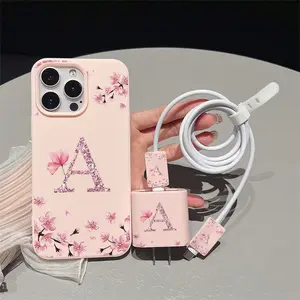 5 Piece Set Floral Aesthetic Letter a Phone Case, Charger Head Cover, Cable Protector, Storage Rope, Anti-Drop Protection Tpu Shell for iPhone Models Accessories