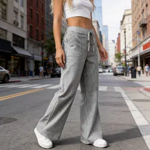 Barrel Leg Pants – Striped Wide Leg, Baggy Fit, Comfy Trousers with Pockets Wideleg Casual